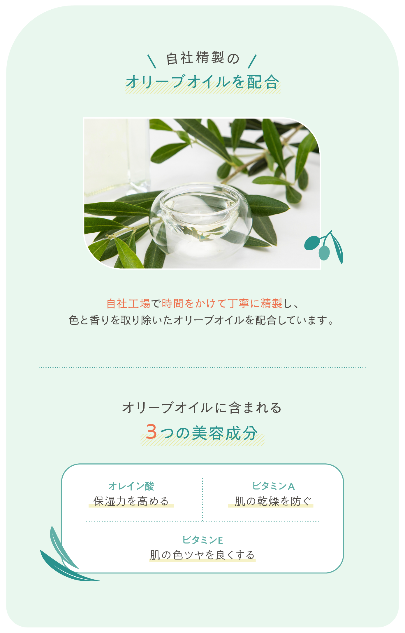 自社精製のオリーブオイルを配合