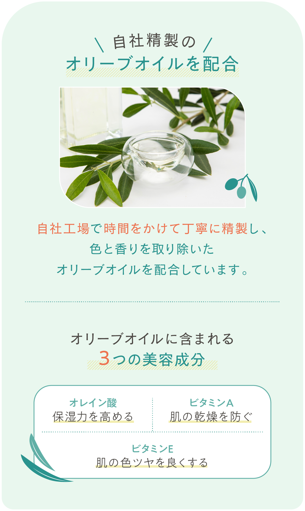 自社精製のオリーブオイルを配合