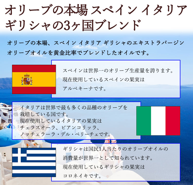 オリーブの本場 スペイン イタリア ギリシャの3ヶ国ブレンド